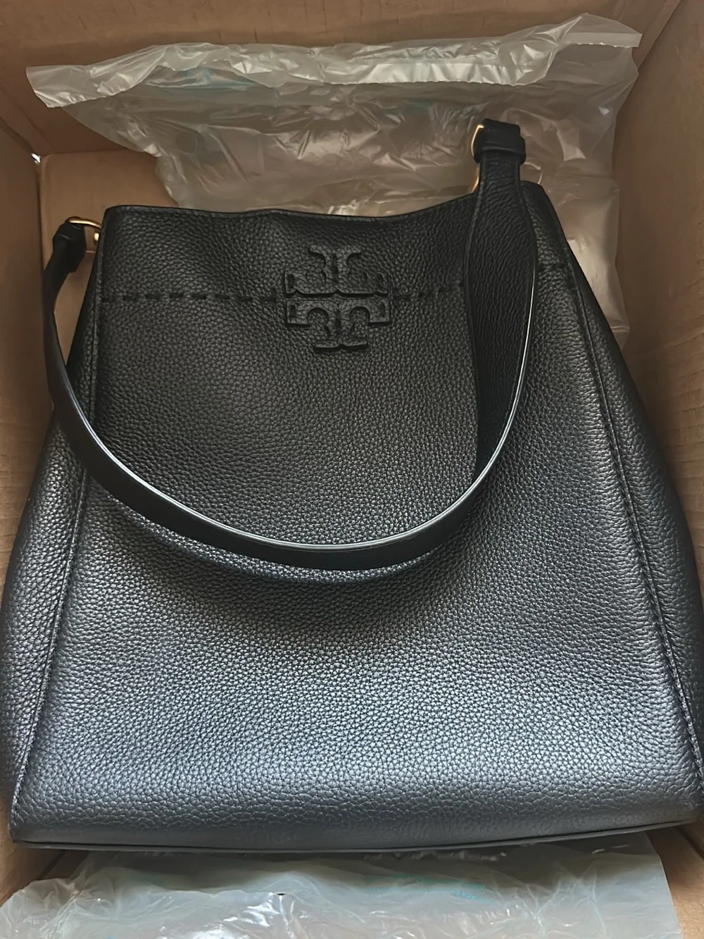 Tory Burch Black Pebbled Leather Shoulder Hobo with Logo
